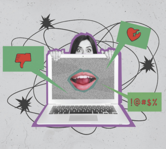 Montagem visual com um notebook aberto exibindo uma boca no centro da tela, como se estivesse falando. Atrás do notebook, aparece o rosto assustado de uma mulher. Ao redor da imagem, há balões de fala com ícones de conteúdo negativo, como um polegar para baixo, um coração partido e símbolos como “!@#$%”, indicando ofensas ou linguagem agressiva. O fundo é decorado com linhas e formas que lembram explosões ou conflitos. A imagem representa o discurso de ódio e a toxicidade nas redes sociais, abordando temas como cyberbullying, violência verbal e responsabilidade na comunicação digital.