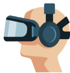 Ilustração de um dispositivo de realidade virtual sendo usado por uma pessoa vista de perfil, com destaque para os óculos de realidade virtual e o fone de ouvido integrado. O equipamento envolve a cabeça do usuário, cobrindo os olhos com uma viseira escura e parte das orelhas com grandes auriculares arredondados.