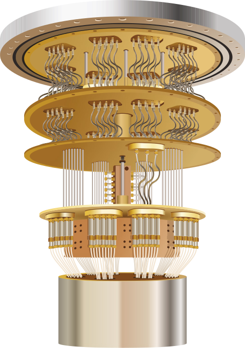 Ilustração de uma estrutura cilíndrica com camadas, a parte superior da camada é largo e prateado. Abaixo dela, há quatro camadas circulares de cor dourada, empilhadas com um espaço. Há alguns cabos finos de cor prata conectando as camadas e hastes verticais na parte central.