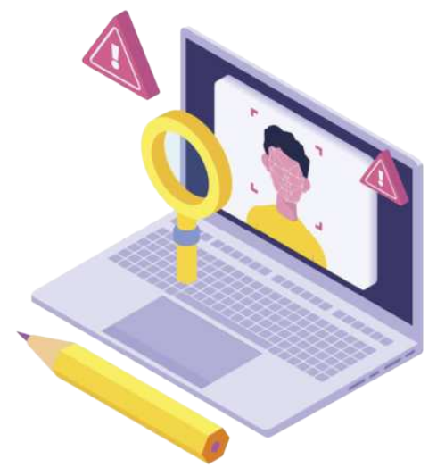 Ilustração de um notebook com a tela exibindo o rosto de uma pessoa com camiseta amarela e um padrão de reconhecimento facial em linhas vermelhas, acompanhado de dois triângulos de alerta vermelhos com ponto de exclamação branco, uma lupa amarela posicionada em pé sobre o teclado e um lápis amarelo ao lado do computador, tudo sobre fundo branco.