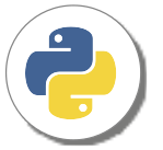 Logo da linguagem de programação Python, composta por duas figuras de serpentes estilizadas dispostas em formato espelhado, uma azul na parte superior esquerda e outra amarela na parte inferior direita, formando um símbolo semelhante a um “S” sobre um fundo branco circular.