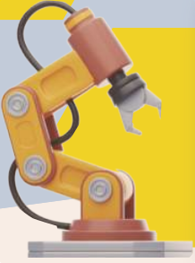 Imagem de um braço robótico articulado com base fixa, estrutura em tons de amarelo e laranja, cabo preto ligado à parte superior e garra metálica na extremidade.