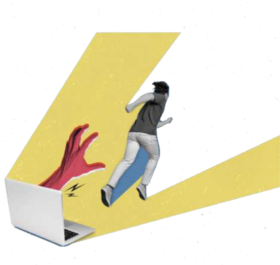 Ilustração de uma pessoa correndo, com calça clara e camiseta escura, sendo perseguida por uma mão vermelha que sai de um notebook aberto à esquerda da imagem; da tela do notebook e do caminho da fuga partem feixes de luz amarelos que se projetam sobre o fundo branco.