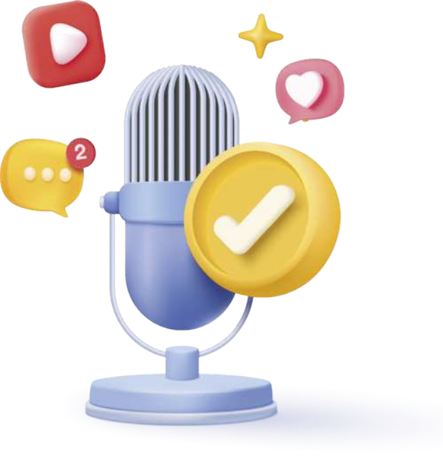 Ilustração de um microfone azul-claro ao centro, em pedestal. Ao redor dele, há diversos ícones flutuantes coloridos: um botão vermelho de play, um balão amarelo com duas notificações em vermelho, um balão rosa com um coração branco, uma estrela dourada e um selo dourado com um tique branco no centro. Esses elementos remetem à comunicação digital, mídias sociais e validação de conteúdo.
