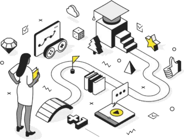 Ilustração em preto e branco mostrando uma mulher observando um caminho cheio de elementos simbólicos ligados ao aprendizado digital: livros, gráficos, dispositivos, peças de quebra-cabeça, balões de diálogo, um diploma no topo de escadas e ícones como 'curtir' e 'nuvem'. O percurso leva até um prédio com um chapéu de formatura, indicando o objetivo final de aprendizagem.