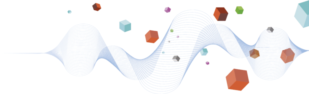 Ilustração abstrata com uma linha ondulada azul clara que percorre horizontalmente a imagem, formando curvas suaves. Ao redor da linha, há diversos sólidos geométricos coloridos, como cubos, dodecaedros e esferas, em tons variados. A composição transmite uma ideia de fluxo de dados, conectividade ou abstração digital, podendo representar conceitos como redes, algoritmos ou comunicação de informações.