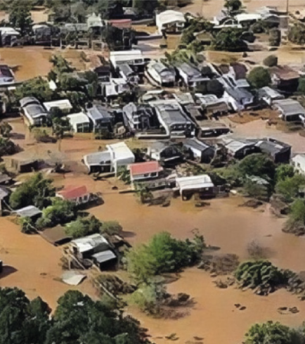 Fotografia aérea de uma área residencial afetada por uma enchente. A cena é dominada por uma grande extensão de água barrenta, de cor marrom, que cobre o solo e parte das estruturas das casas e das árvores.