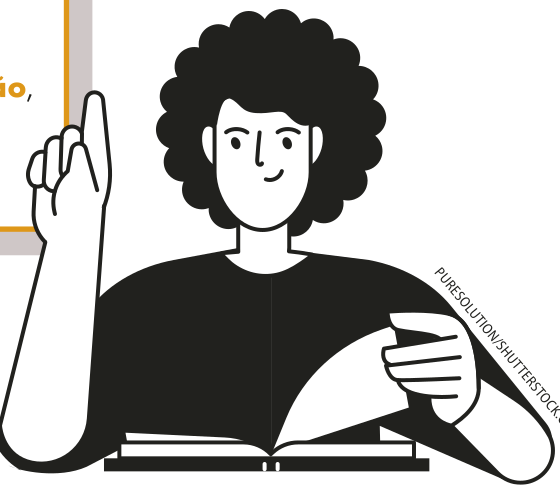 Imagem de uma jovem levantando o braço e com o dedo indicador levantado, ela está segurando um livro aberto.