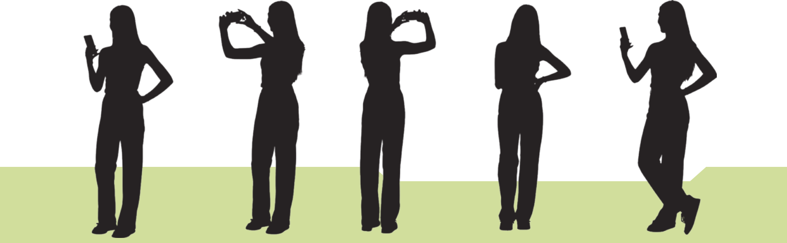 Sequência de cinco silhuetas femininas em pé sobre um fundo com base verde-clara, todas segurando um celular. As poses variam: algumas figuras estão olhando para a tela, outras tirando fotos ou fazendo gestos com os braços, como formar um quadro com as mãos. A imagem representa o uso cotidiano de dispositivos móveis para registro de imagens e interação digital, destacando diferentes posturas e expressões corporais relacionadas à fotografia com celular.