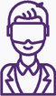 Ícone roxo de uma pessoa com cabelos curtos usando óculos de realidade virtual. A figura está vestida com paletó e aparece em estilo linear e simplificado.