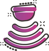 Ilustração de um dispositivo rosa emitindo ondas em formato semicircular para baixo. As ondas estão representadas por três faixas curvas crescentes e acompanhadas de pequenos traços pretos ao redor, indicando movimento ou sinal. A imagem simboliza tecnologias de detecção ou sensoriamento, comuns em sistemas de realidade aumentada, internet das coisas ou automação digital.