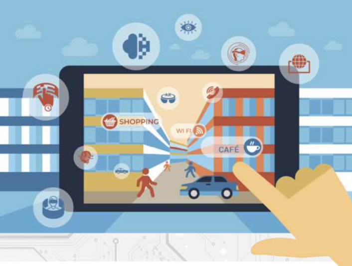 Ilustração de uma mão interagindo com um tablet que exibe uma visualização de realidade aumentada. Na tela, há prédios com elementos virtuais sobrepostos, como ícones indicando locais de interesse (shopping, café, Wi-Fi), pessoas e um carro, representando a integração entre o ambiente físico e informações digitais. Ao redor da imagem, outros ícones pairam, sugerindo funcionalidades adicionais da realidade aumentada.