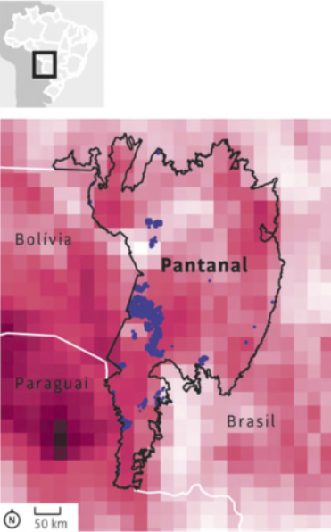 Mapa colorido em tons de rosa com pontos azuis, representando variações de umidade do solo na região do Pantanal, conforme destacado por um contorno preto sobre a área principal. O mapa mostra partes dos países Bolívia, Paraguai e Brasil com seus nomes escritos, e há um pequeno mapa do Brasil no canto superior esquerdo com a localização do Pantanal indicada em destaque. Na parte inferior esquerda, há uma escala gráfica indicando 50 km.
