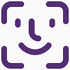 Ícone roxo representando um rosto sorridente estilizado dentro de uma moldura quadrada com cantos arredondados, remetendo ao símbolo de reconhecimento facial.