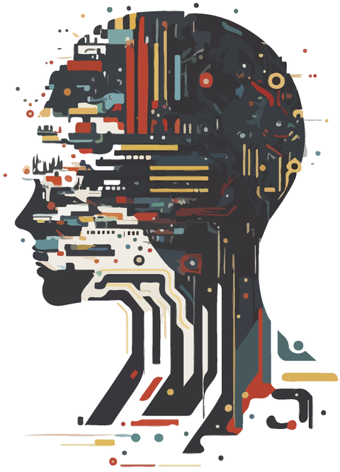 Ilustração de perfil de um rosto humano formado por circuitos, fios e componentes eletrônicos estilizados, com cores predominantes em preto, vermelho, amarelo e bege. As formas se fundem e se dissipam à esquerda, sugerindo uma integração entre o ser humano e a tecnologia digital.