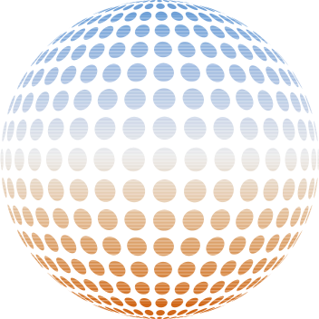 Imagem de um globo com vários pequenos círculos formando o globo, na parte de cima os círculos são em azul, e em baixo em laranja.