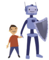 Imagem de um robô azul segurando um escudo cinza em uma das mãos e dando a outra mão para uma criança. O robô tem aparência amigável, antenas na cabeça, olhos e boca desenhados, corpo dividido em segmentos e pernas retas. A criança está sorrindo, veste uma camiseta vermelha e calça azul, e aparece ao lado esquerdo do robô.