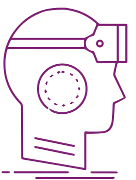 Desenho em linha de perfil de uma cabeça humana usando um visor de realidade virtual, representado por traços simples em roxo, com formas geométricas circulares e retangulares indicando os componentes do equipamento.