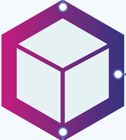 Imagem de um cubo tridimensional, contido dentro de um hexágono com contorno em degradê do rosa ao roxo. Três círculos brancos estão posicionados sobre os vértices externos do hexágono, ligados às suas arestas.