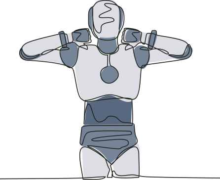 Ilustração de um robô desenhado com traços contínuos em estilo minimalista, com braços erguidos e mãos apoiadas atrás da cabeça, corpo composto por formas arredondadas e detalhes em tons de cinza e azul-escuro sobre fundo branco.