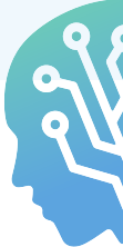 Imagem de perfil de cabeça humana voltada para a esquerda, em tonalidade azul com gradiente esverdeado, contendo linhas brancas estilizadas que lembram circuitos eletrônicos, conectadas a pequenos círculos na parte interna do crânio.