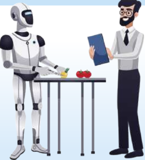 Imagem de um robô humanoide ao lado de uma mesa, preparando alimentos com uma faca. Sobre a mesa há um pimentão amarelo cortado e dois tomates inteiros. À direita, um homem de barba, óculos e roupa social segura uma prancheta azul e observa a cena com expressão sorridente. O fundo da imagem é claro, com um leve degradê azul na parte inferior.