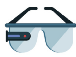 Ilustração de um óculos de realidade aumentada, com lentes translúcidas e um pequeno módulo lateral com botão e sensor, sugerindo capacidade de captação de dados ou projeção de informações visuais no campo de visão do usuário.
