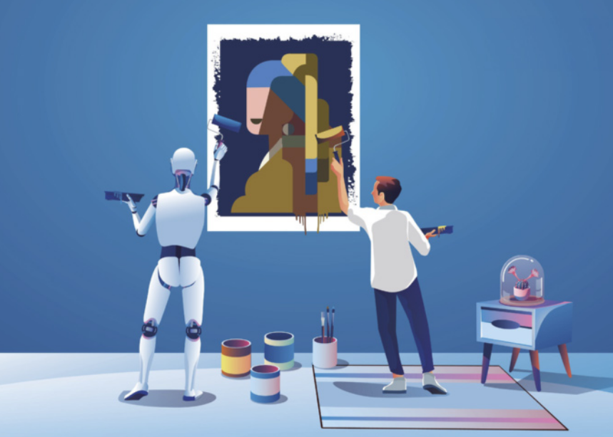 Imagem de um robô e um ser humano colaborando na pintura de uma obra de arte em uma parede. Ambos estão de frente para a pintura, que retrata uma figura estilizada com inspiração clássica. O robô segura um pincel na mão direita e tem aparência humanoide, com estrutura metálica branca e articulações visíveis. O humano, à direita, também segura um pincel e está com uma paleta de tinta na outra mão. No chão há latas de tinta abertas e pincéis. Ao lado, uma pequena mesa exibe uma redoma de vidro contendo uma flor artificial sobre uma base.
