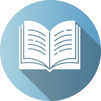 Imagem de um livro aberto sobre um fundo circular em tons de azul com sombra projetada.