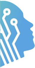 Imagem de perfil de cabeça humana voltada para a direita, representada em azul com traços brancos que lembram circuitos eletrônicos. Linhas retas e curvas partem da base da imagem em direção à parte superior da cabeça, terminando em círculos que simulam conexões, remetendo à ideia de integração entre cérebro e tecnologia digital.