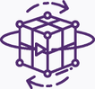 Ícone roxo de um cubo tridimensional com vértices destacados e três setas curvas ao redor, indicando movimento de rotação em diferentes eixos.