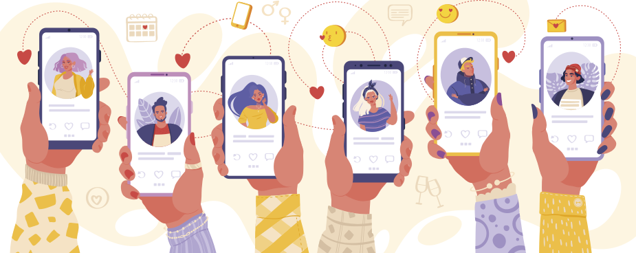 Ilustração colorida mostrando seis mãos segurando celulares com perfis de pessoas em aplicativos de relacionamento, com ícones de corações, emojis, mensagens e outros elementos gráficos conectando os dispositivos, sobre fundo claro com detalhes em tons suaves.