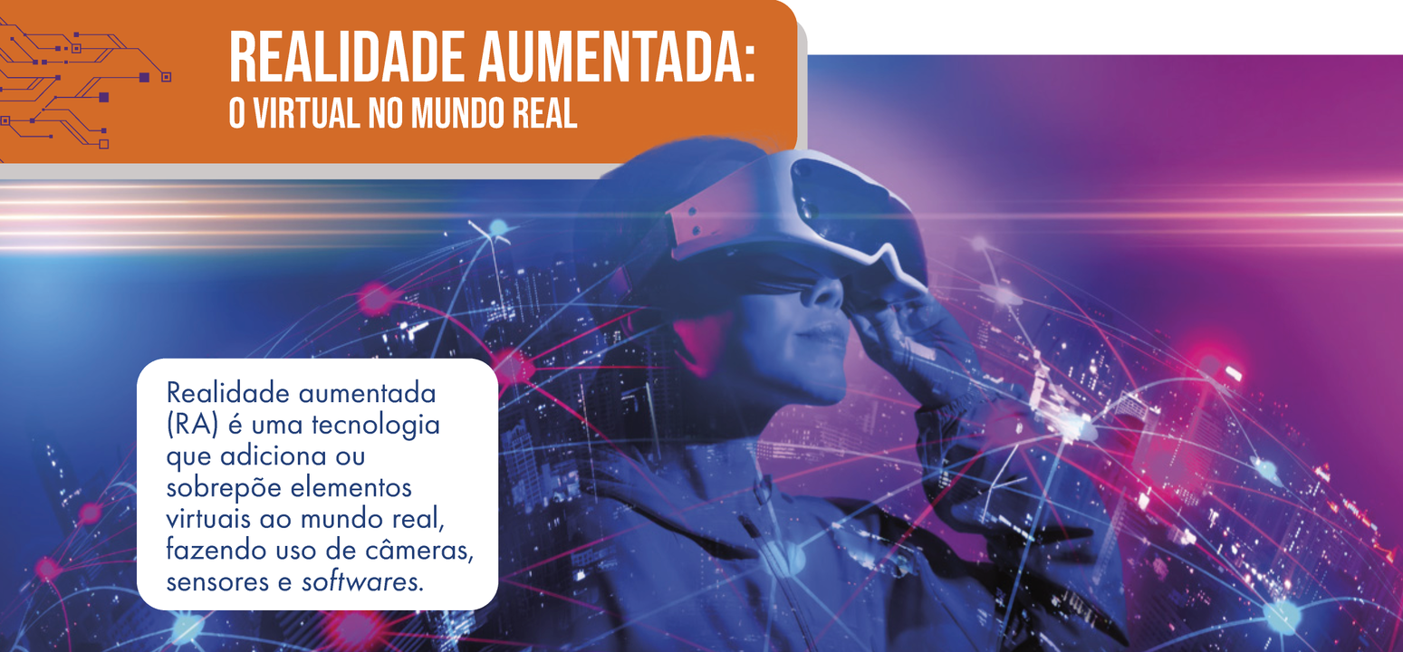 Imagem em tons de roxo e azul com efeitos luminosos e linhas de conexão, retratando uma pessoa usando um visor de realidade aumentada. A pessoa aparece em perfil, olhando para cima, com expressão de curiosidade. Ao redor, há diversos pontos de luz interligados por traços, simulando conexões digitais ou dados em rede, o que transmite a ideia de imersão em um ambiente tecnológico ou virtual. A imagem representa visualmente o conceito de realidade aumentada e sua integração entre mundo físico e elementos digitais.