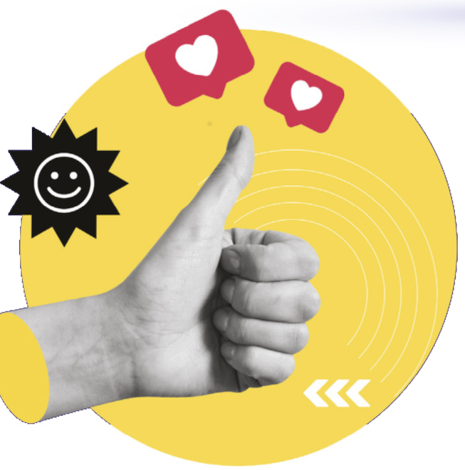 Montagem visual com fundo amarelo circular, onde aparece uma mão em preto e branco fazendo o gesto de positivo. Acima da mão, há dois ícones vermelhos com corações brancos, semelhantes a curtidas de redes sociais. À esquerda, há um ícone de sol preto com um rosto sorridente no centro. A imagem remete à aprovação, popularidade ou influência positiva nas redes sociais, representando interações digitais com reações e curtidas.