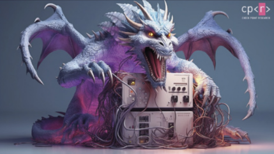 Ilustração realista de um dragão de aparência ameaçadora, com escamas azuladas, asas abertas e olhos brilhantes, agarrado a um equipamento eletrônico com fios expostos e danificados. O dragão ruge em direção ao observador, enquanto envolve o dispositivo com as garras. No canto superior direito aparece o logotipo do CPR (Centro de Prevenção de Riscos). A imagem simboliza uma ameaça digital ou ataque cibernético representado por uma criatura monstruosa, sugerindo a destruição de sistemas eletrônicos por vírus, malwares ou outras formas de ataque virtual.