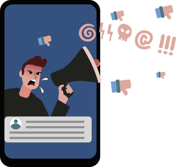 Ilustração de um homem com expressão de raiva dentro da tela de um smartphone, segurando um megafone. Do megafone, saem símbolos que representam discurso de ódio ou agressões verbais, como sinal de “curtir” virado para baixo, espiral, caveira, raio, “@” e pontos de exclamação. A imagem transmite a ideia de propagação de mensagens ofensivas nas redes sociais.