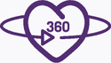 Ícone roxo em forma de coração com uma seta circular ao redor e o número “360” no centro.