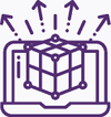 Ícone roxo representando um computador portátil com um cubo tridimensional sobre a tela, cercado por setas apontando para fora em várias direções.