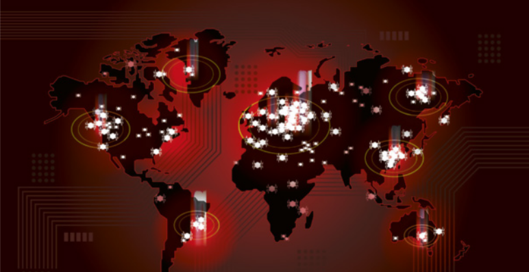 Imagem de um mapa-múndi em fundo escuro com tons de vermelho, destacando pontos brilhantes em diversas regiões do planeta. Diversos círculos e feixes de luz representam ataques ou incidentes cibernéticos ocorrendo simultaneamente em diferentes locais, como América do Sul, América do Norte, Europa, África e Ásia. A imagem sugere a escala global das ameaças digitais, como ataques de hackers, malwares ou guerra cibernética, reforçando a importância da segurança digital em escala internacional.