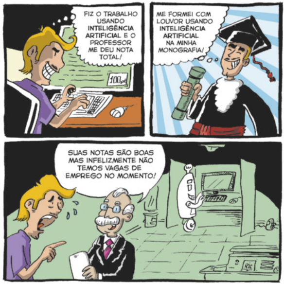 Tirinha em três quadros. Q1: Um jovem digita no computador sorrindo, enquanto um balão de pensamento: 'Fiz o trabalho usando inteligência artificial e o professor me deu nota total!'. Q2: O mesmo jovem aparece vestido com roupa de formatura, segurando um diploma e dizendo: 'Me formei com louvor usando inteligência artificial na minha monografia!'. Q3: Ele entrega um currículo a um senhor de terno que diz: 'Suas notas são boas mas infelizmente não temos vagas de emprego no momento!'. Ao fundo, um robô está sentado à mesa executando tarefas no computador.