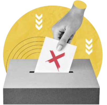 Imagem de uma mão inserindo um envelope branco com um “X” vermelho em uma urna cinza, posicionada à frente de um círculo amarelo com setas brancas apontando para baixo e linhas curvas concêntricas ao lado esquerdo.