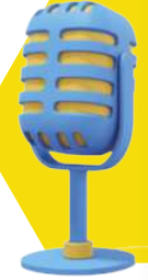 Ilustração de um microfone de mesa em estilo tridimensional, nas cores azul e amarelo.