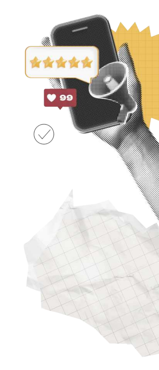 Imagem de uma mão segurando um celular, há dois balões de fala com estrelas e coração de curtida, e um megafone.