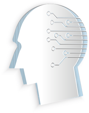 Imagem de perfil de uma cabeça humana estilizada voltada para a esquerda, com linhas e círculos conectando-se na região do crânio, remetendo a circuitos eletrônicos. O contorno da cabeça é branco com sombras azuladas. As linhas dos circuitos partem da parte de trás da cabeça em direção ao centro.