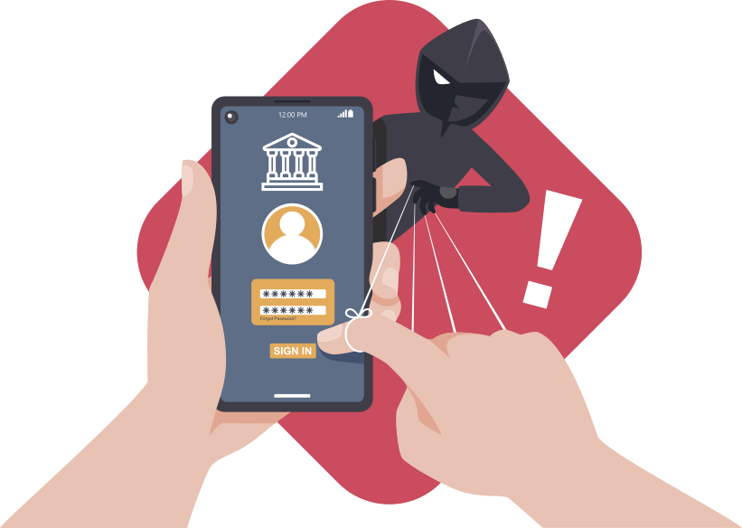 Ilustração de um celular sendo segurado por duas mãos, exibindo uma tela de login com ícones de usuário e senha, além do botão “SIGN IN”. Ao fundo, um personagem encapuzado e mascarado manipula os fios conectados ao dedo da pessoa, sugerindo um golpe de engenharia social ou um ataque de phishing. Atrás do invasor, há um símbolo de alerta em vermelho com um ponto de exclamação branco. A imagem representa o risco de roubo de dados pessoais por meio de enganos durante o acesso a serviços digitais.
