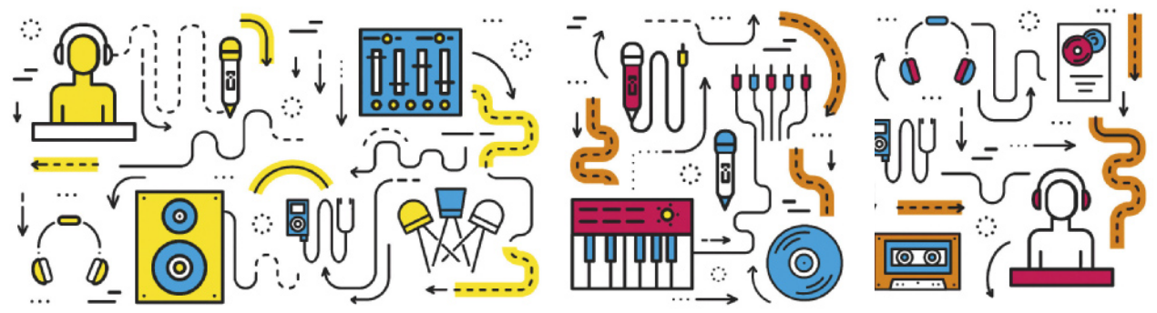 Ilustração composta por diversos ícones coloridos relacionados à produção musical, como microfones, fones de ouvido, caixas de som, mesa de som, teclado, fita cassete, CD e representações de DJs, todos conectados por setas pretas e linhas curvas em laranja tracejado, formando um padrão contínuo sobre fundo branco.