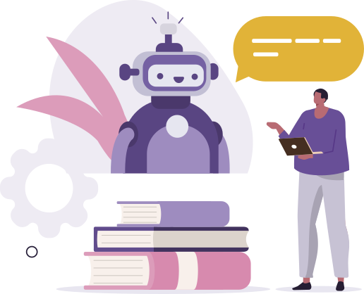 Ilustração com um robô roxo sorridente ao centro, posicionado atrás de uma pilha de três livros empilhados, enquanto à direita está uma pessoa em pé segurando um notebook e apontando para o robô; acima do robô há um balão de fala amarelo com linhas brancas representando texto e ao fundo há uma engrenagem e folhas estilizadas.