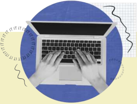 Imagem em colagem digital de um par de mãos digitando em um teclado de notebook visto de cima, com fundo circular azul. A composição é decorada com elementos gráficos como linhas onduladas pretas, grades quadriculadas e formas semicirculares em tons de bege, criando um ambiente visual moderno e dinâmico.