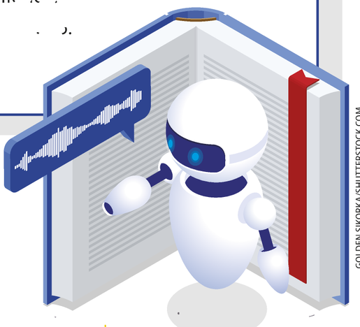 Imagem de um livro aberto, na frente há um robô branco com um balão de fala.