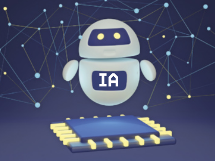 Ilustração de um robô com corpo ovalado flutuando acima de um chip eletrônico azul com pinos amarelos, tendo a sigla 'IA' escrita em destaque no peito; ao fundo, há uma rede com linhas e pontos interconectados simulando um ambiente digital.